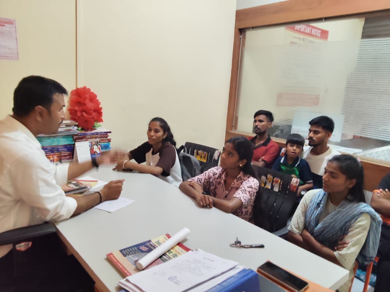 Students participating in a NEET-JEE guidance and counselling session with faculty at Khadkeshwar NEET-JEE Academy, Lonar.